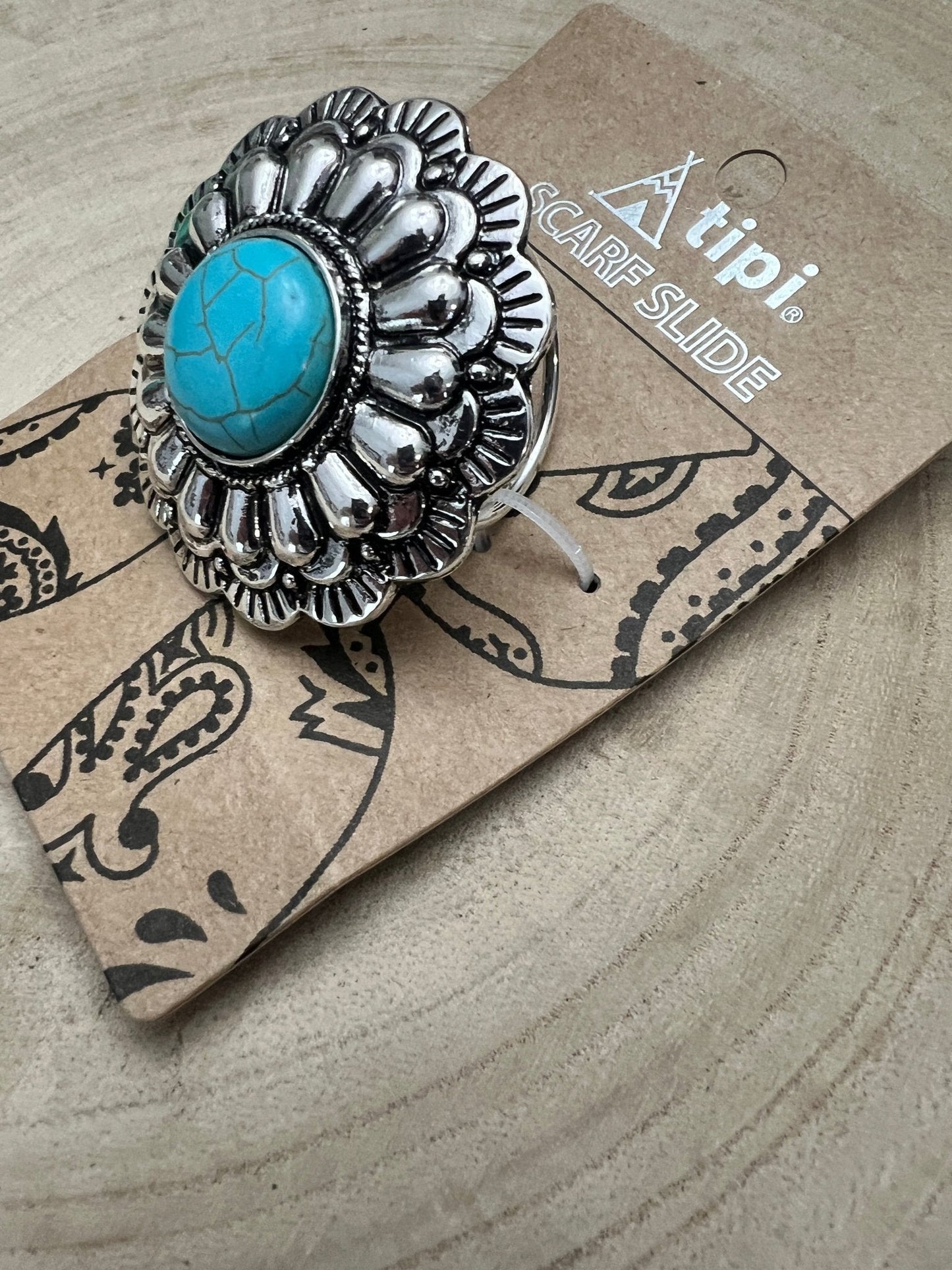 Faux Turquoise Concho Western Scarf Slide — 2" Vintage Silver with Lead/Nickel-Free Comfort