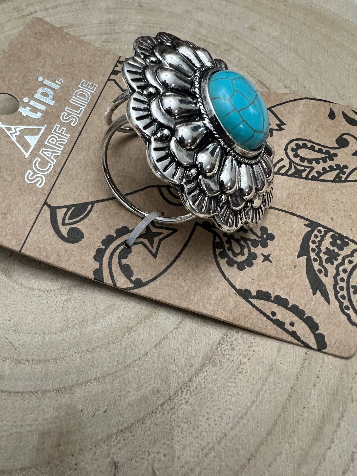 Faux Turquoise Concho Western Scarf Slide — 2" Vintage Silver with Lead/Nickel-Free Comfort