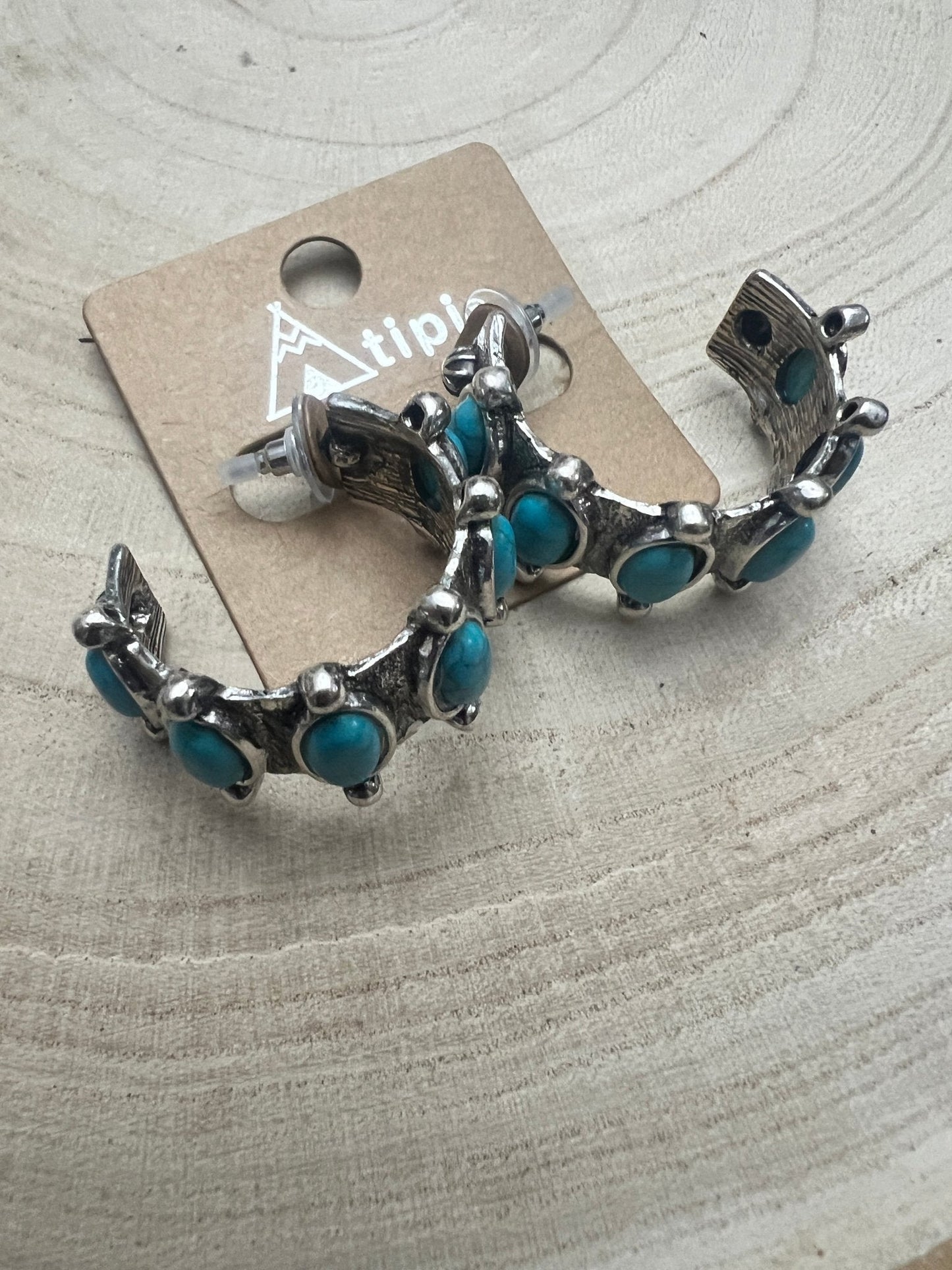 Western Faux Turquoise Small Hoop Earrings — Oxidized Silver 1½" Drop