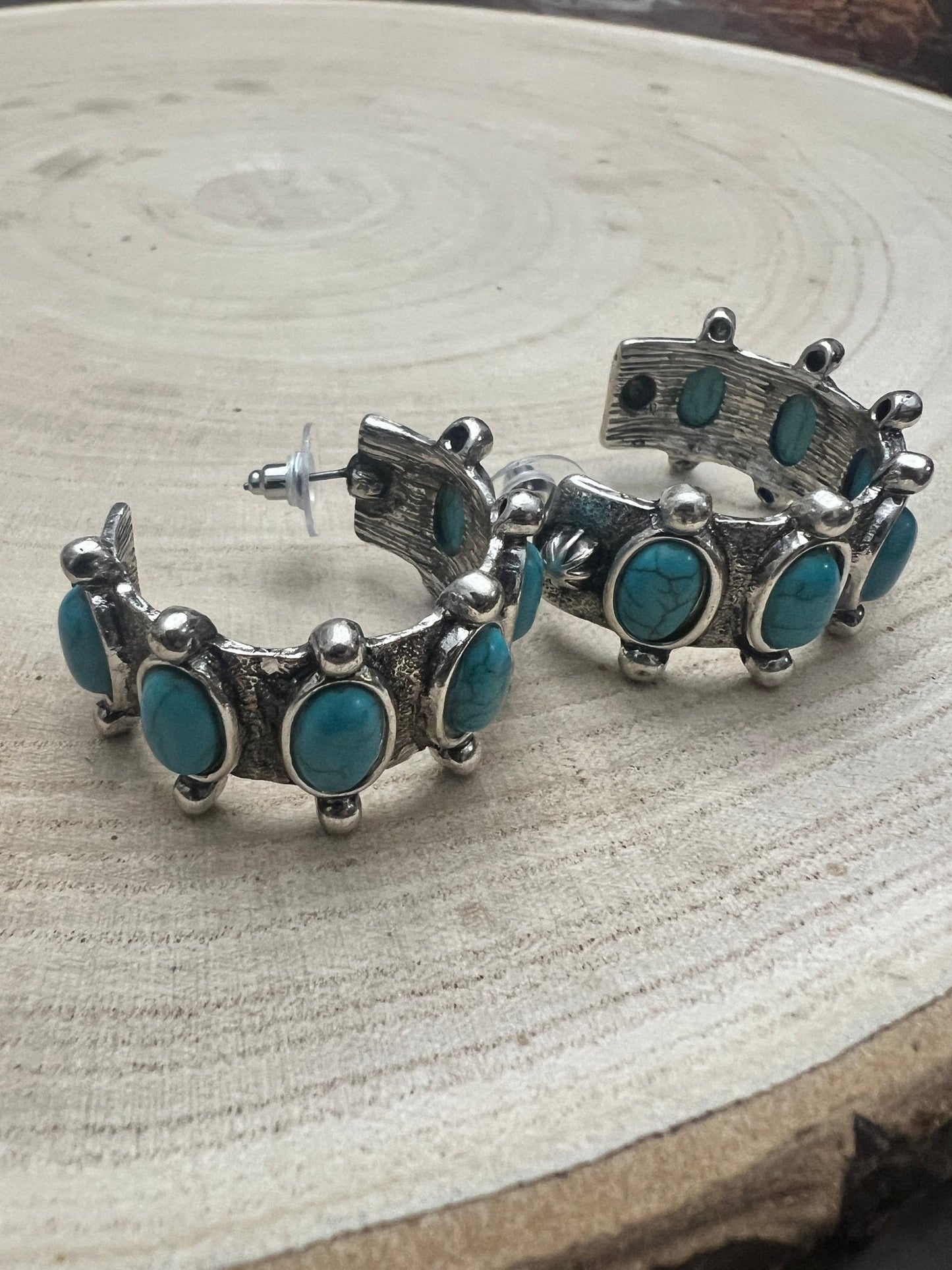 Western Faux Turquoise Small Hoop Earrings — Oxidized Silver 1½" Drop