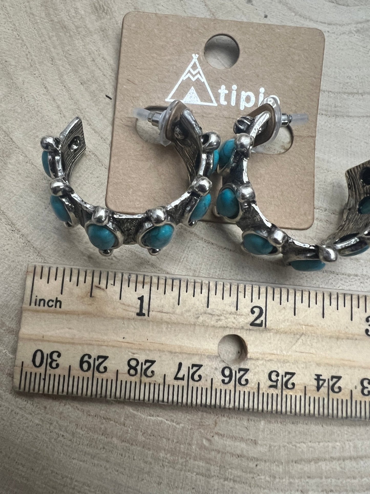 Western Faux Turquoise Small Hoop Earrings — Oxidized Silver 1½" Drop