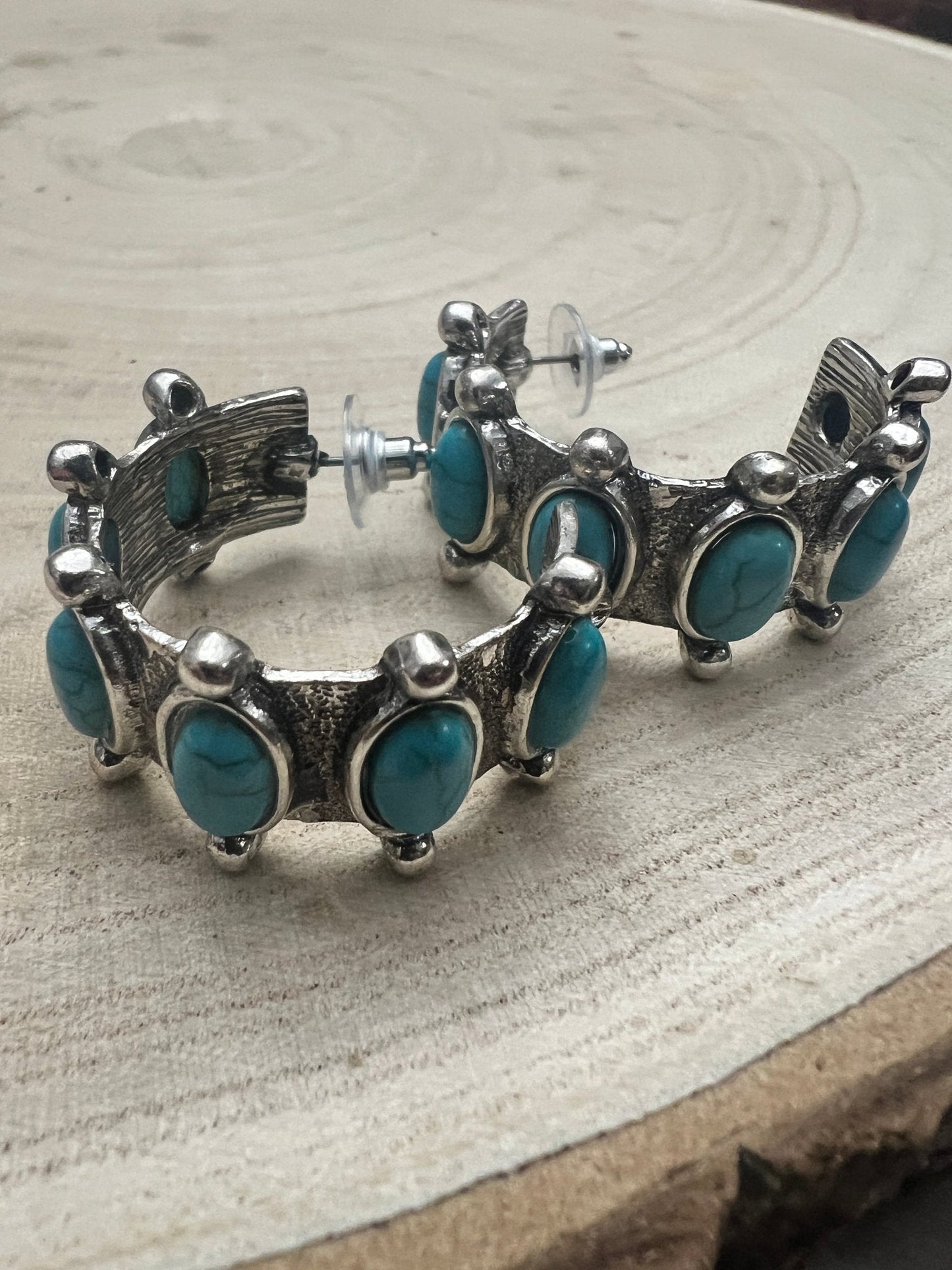 Western Faux Turquoise Small Hoop Earrings — Oxidized Silver 1½" Drop