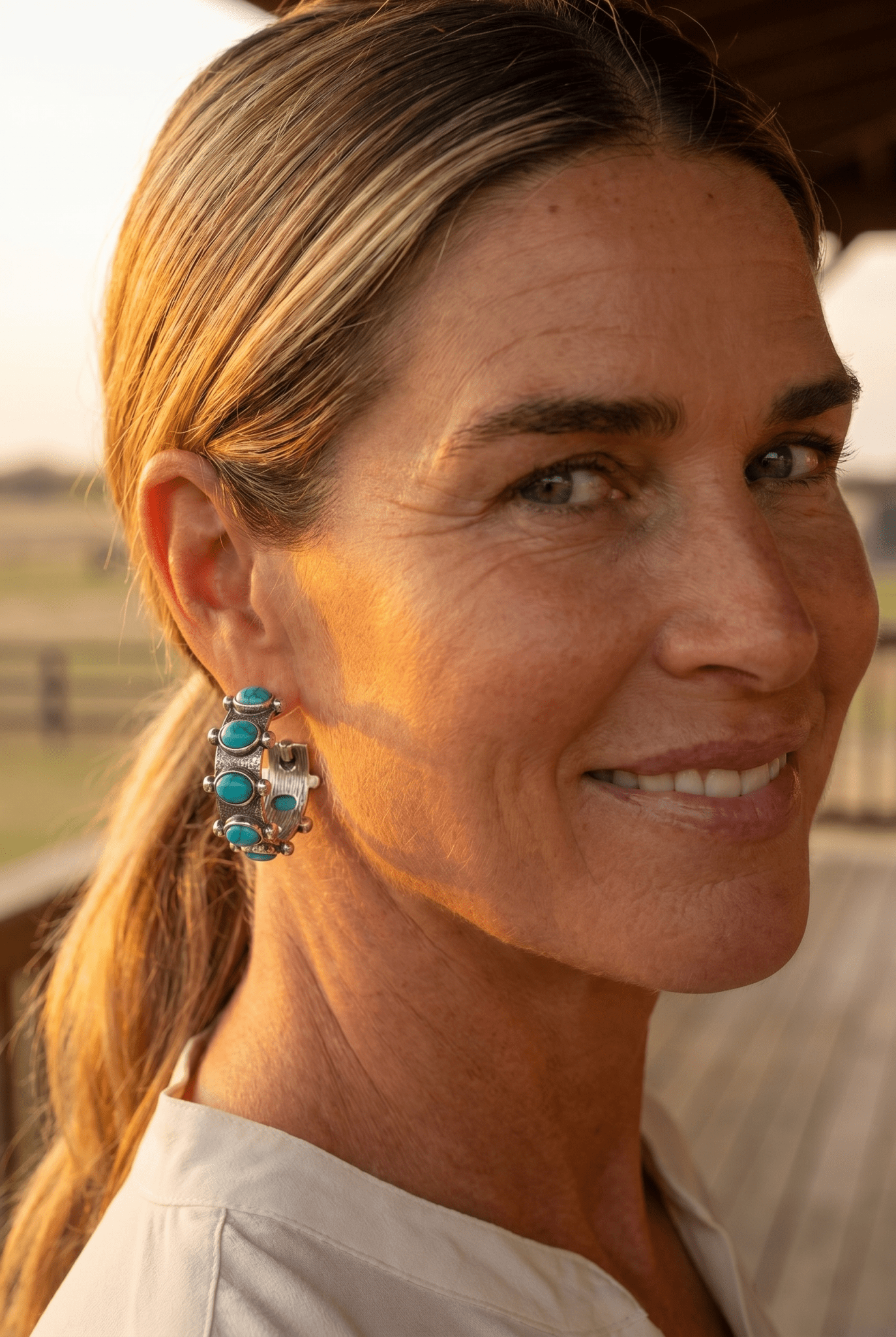 Western Faux Turquoise Small Hoop Earrings — Oxidized Silver 1½" Drop