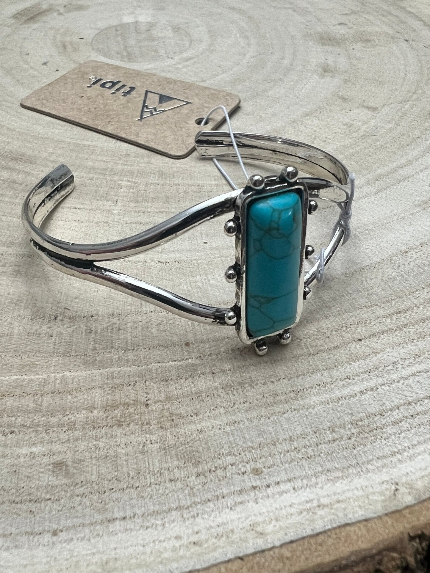 Western Silver Cuff Bracelet — 1-inch Faux Turquoise Rectangle Stone