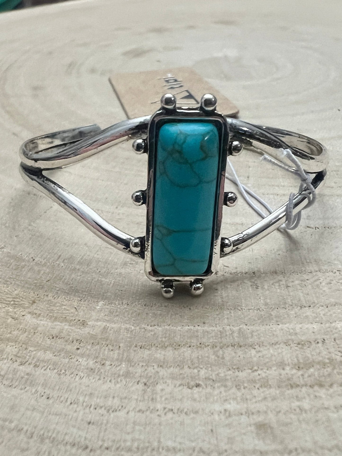 Western Silver Cuff Bracelet — 1-inch Faux Turquoise Rectangle Stone