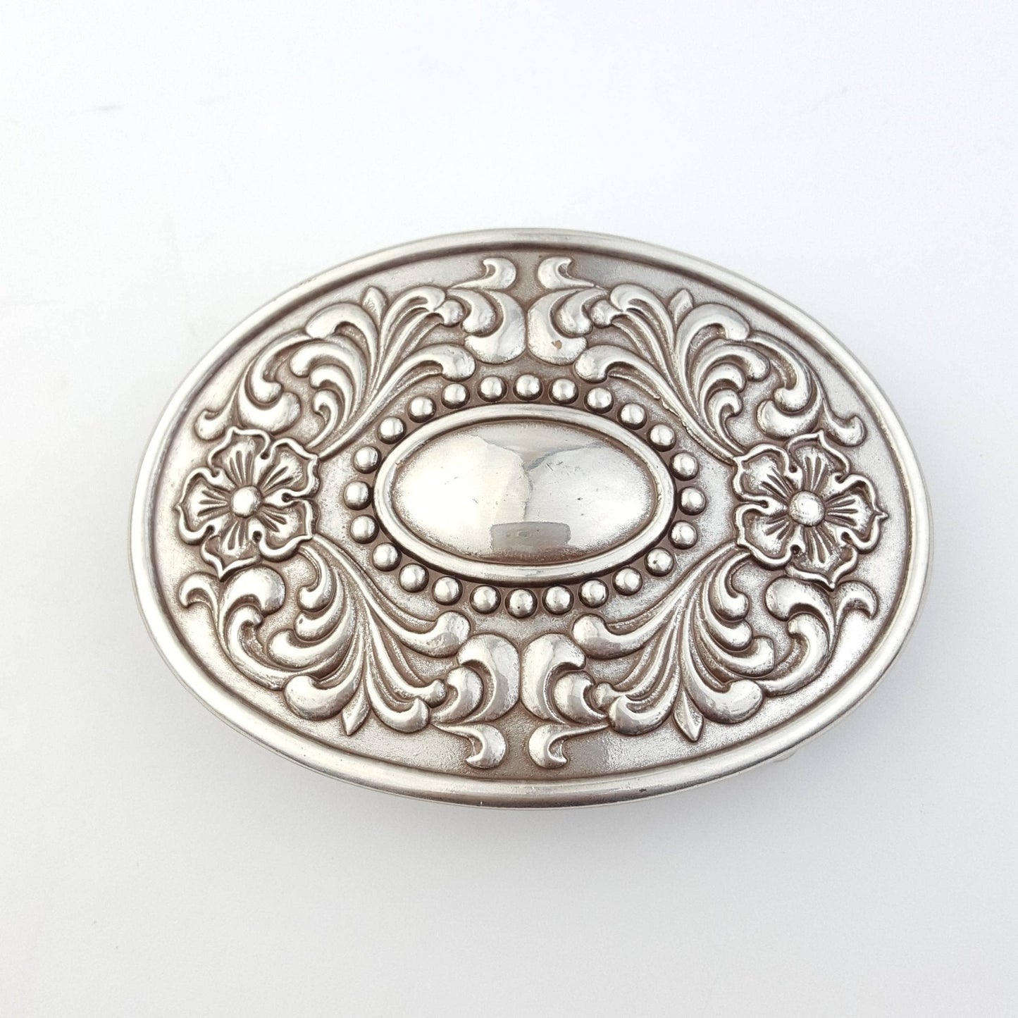 Western Floral Etched Belt Buckle — Premium Silver Plating with Intricate Floral Etching