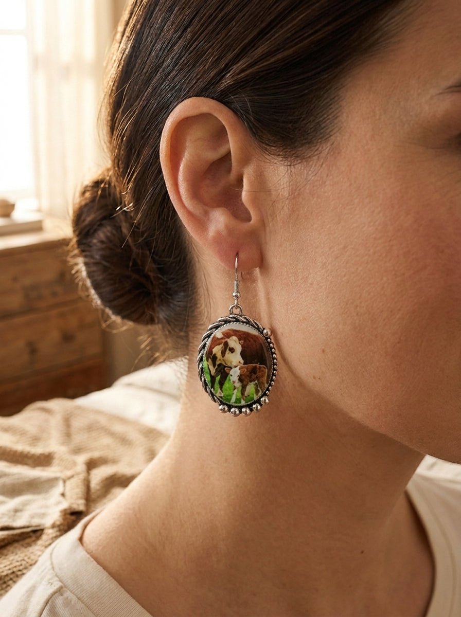 Western Framed Cow Calf Fashion Earrings — Ranch Life Statement (1½" x 1")