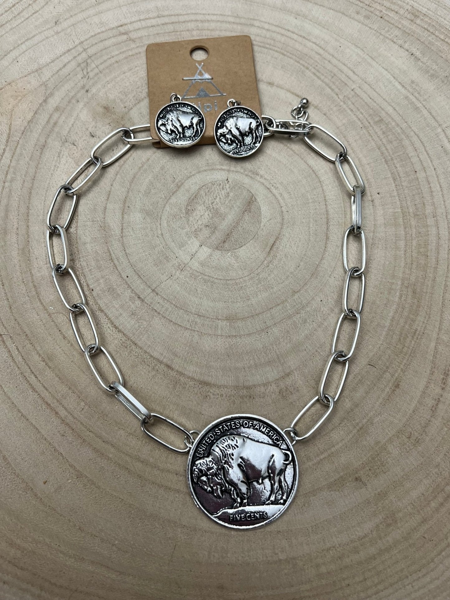 Silver Western Buffalo Coin Statement Choker & Earring Set — Oversized Coin Pendant