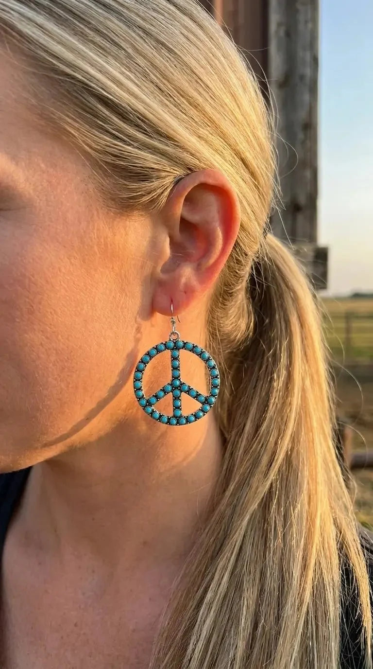 Western Large Peace Sign Dangle Earrings — Rustic 1¼" Statement