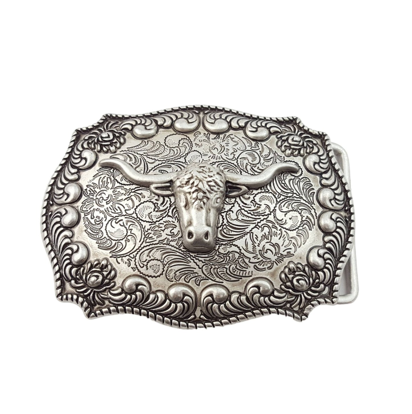 Western Long Horn Belt Buckle — Dark Antique Nickel with Rope Edge Border