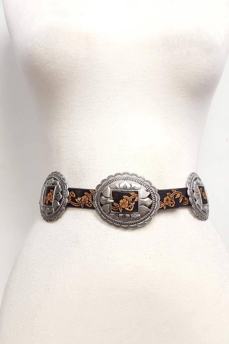 Western Oval Floral Concho Belt — Hand-Painted Tooled with 4 Conchos