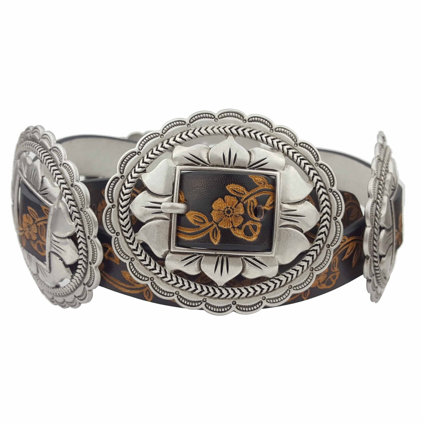 Western Oval Floral Concho Belt — Hand-Painted Tooled with 4 Conchos