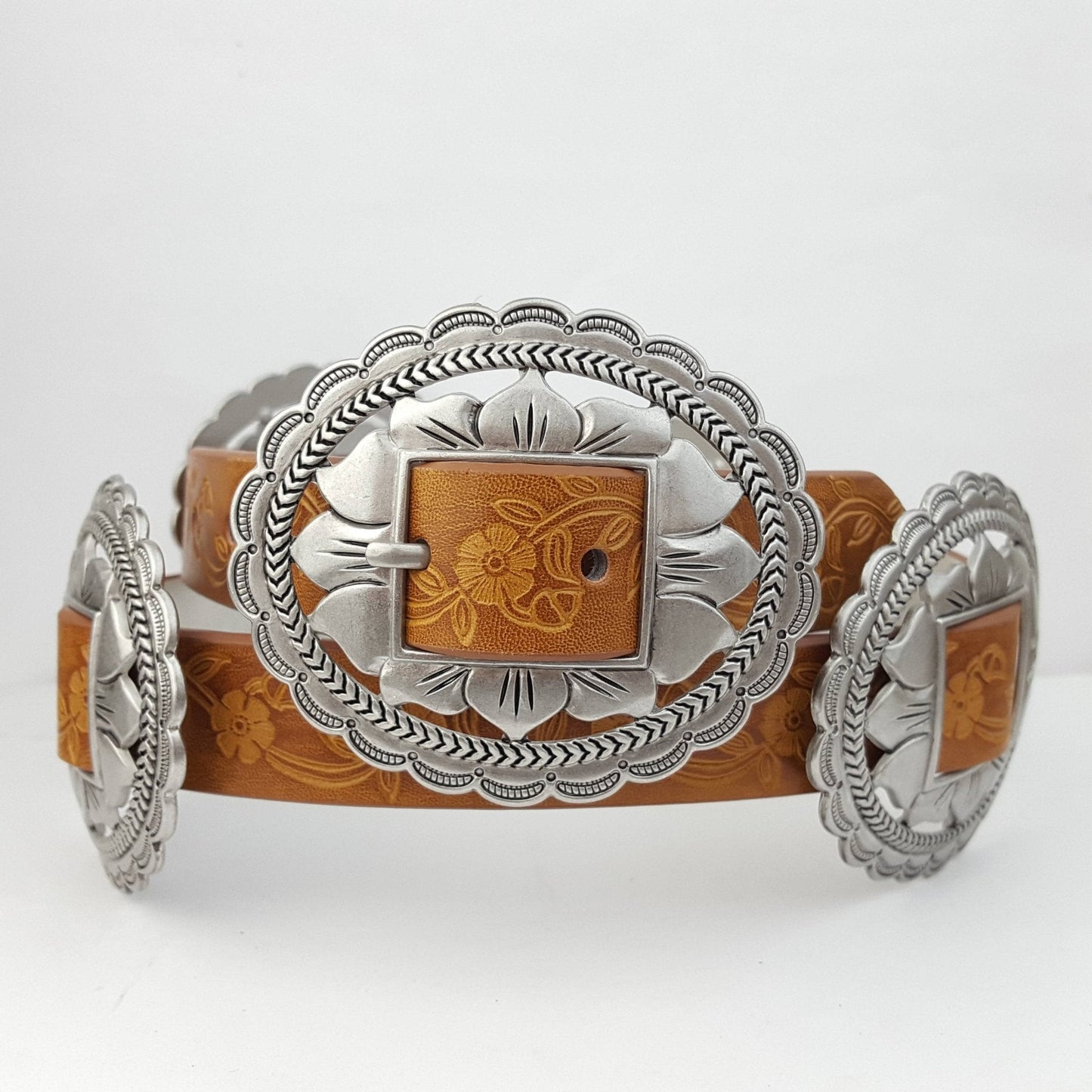 Western Oval Floral Concho Belt — Hand-Painted Tooled with 4 Conchos