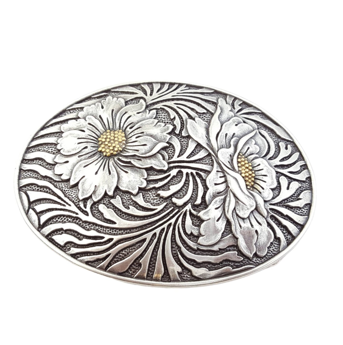 Western Oval Sunflower Belt Buckle — Premium Silver Plating with Gold Trim Accent