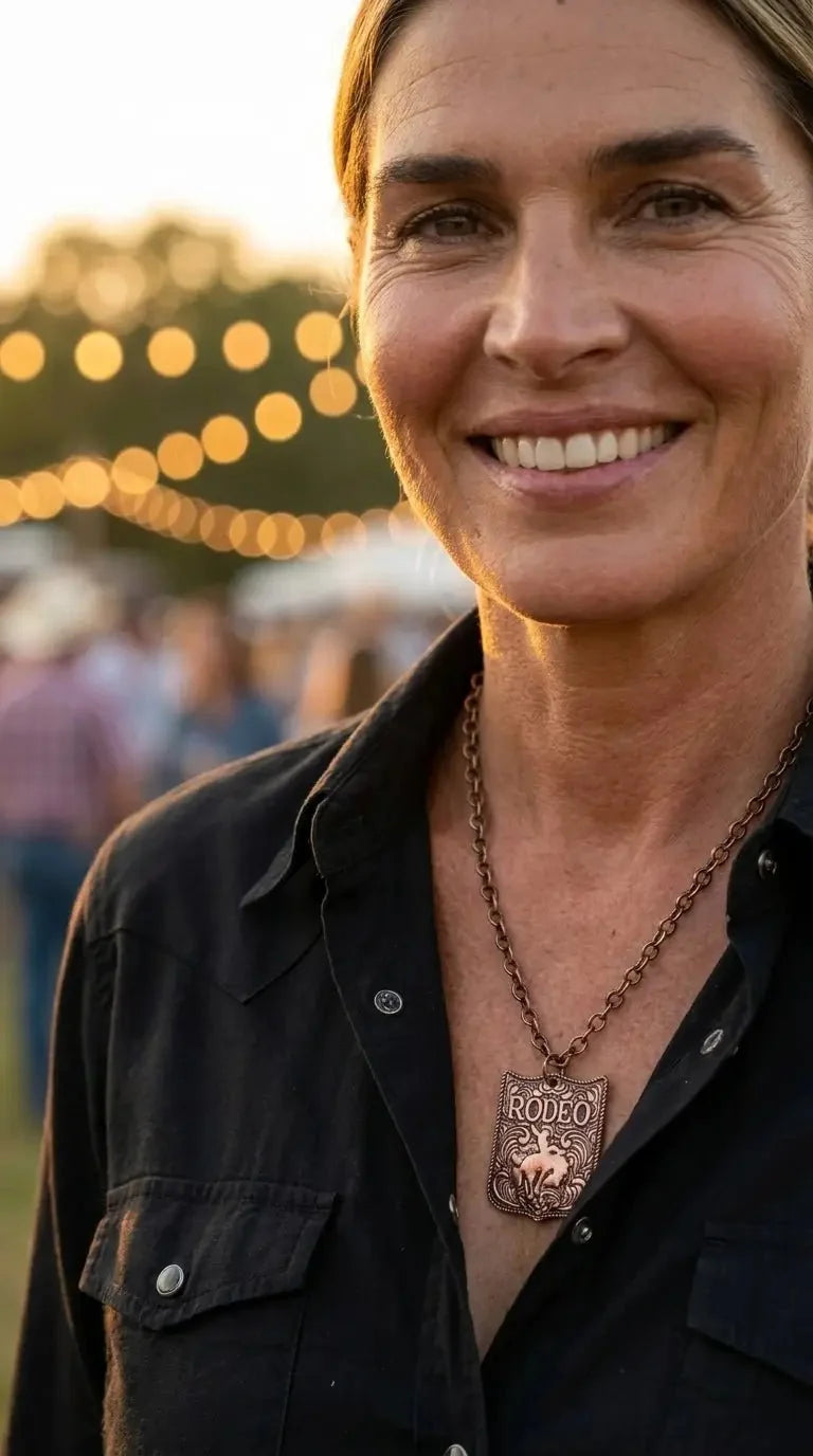 Western Rustic Brass Rodeo Pendant Necklace — 22 Inch Cowgirl Statement