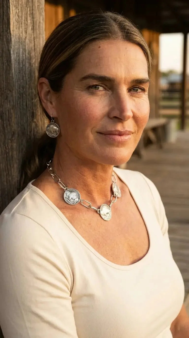 Western Rustic Buffalo Coin Choker & Earring Set — Burnished Silver Western Jewelry Duo