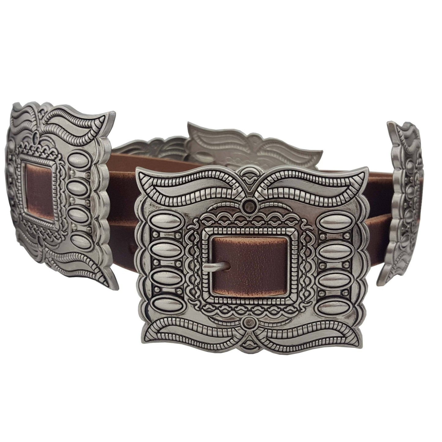 Western Silver Rectangular Concho Distressed Leather Belt — Brown or Black