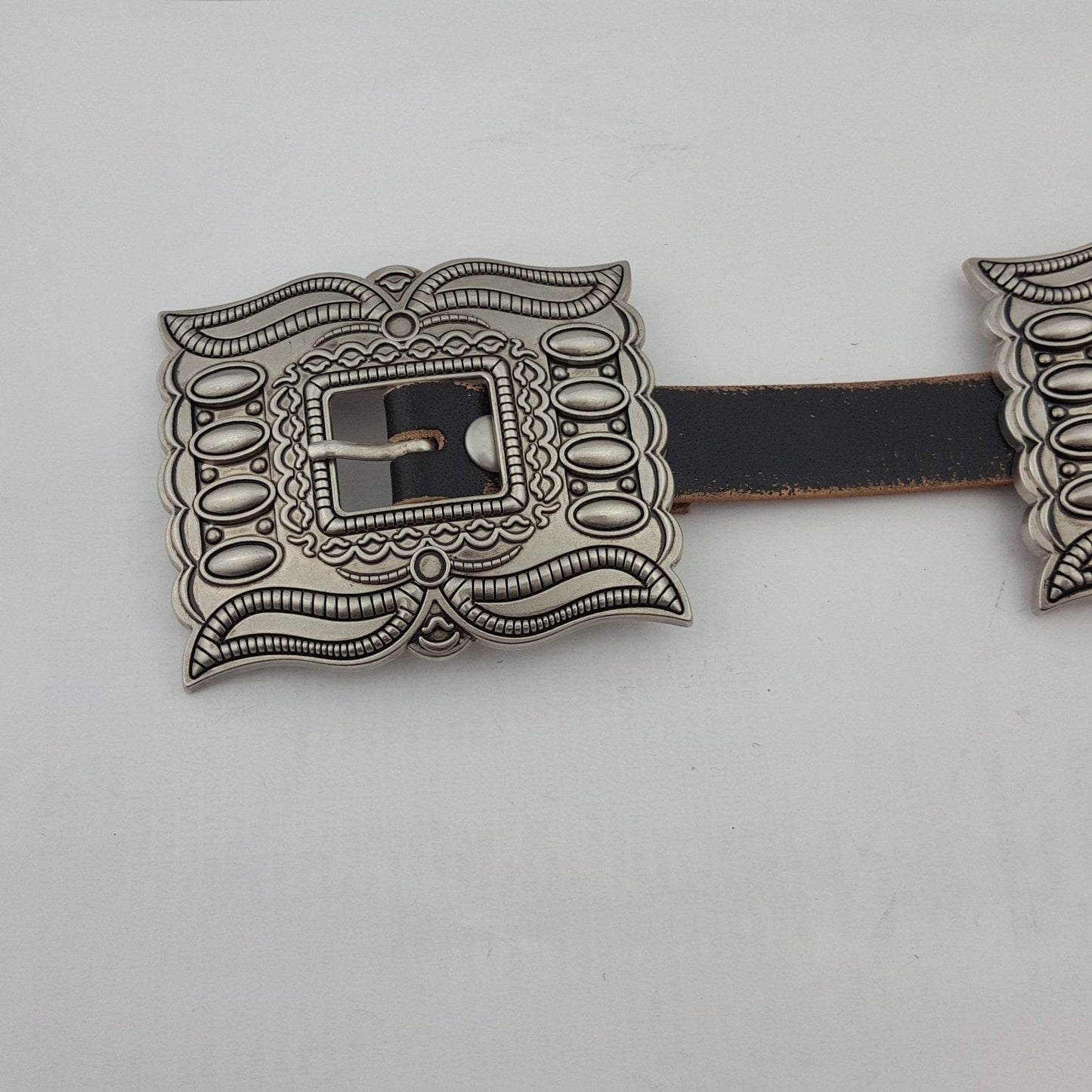 Western Silver Rectangular Concho Distressed Leather Belt — Brown or Black