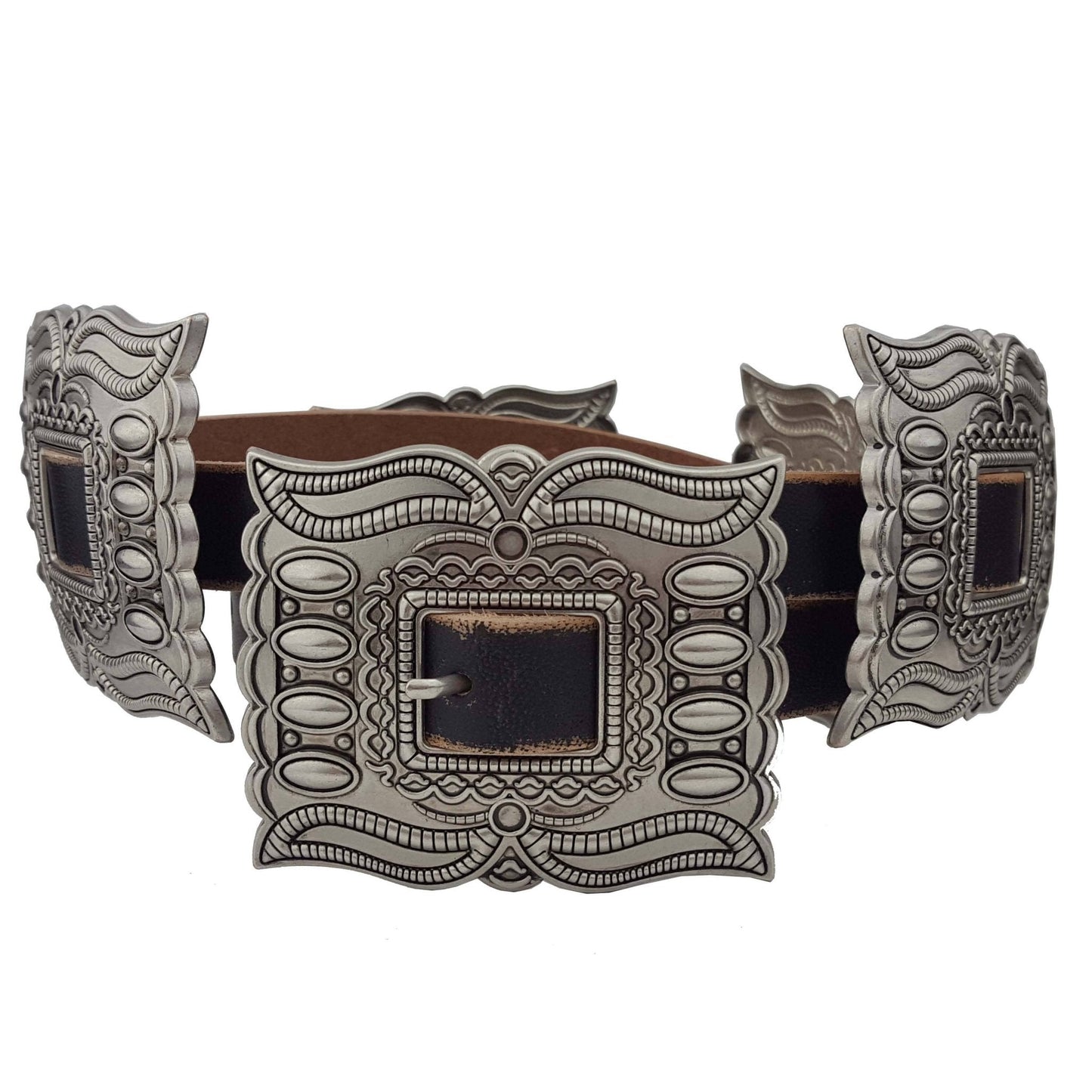Western Silver Rectangular Concho Distressed Leather Belt — Brown or Black