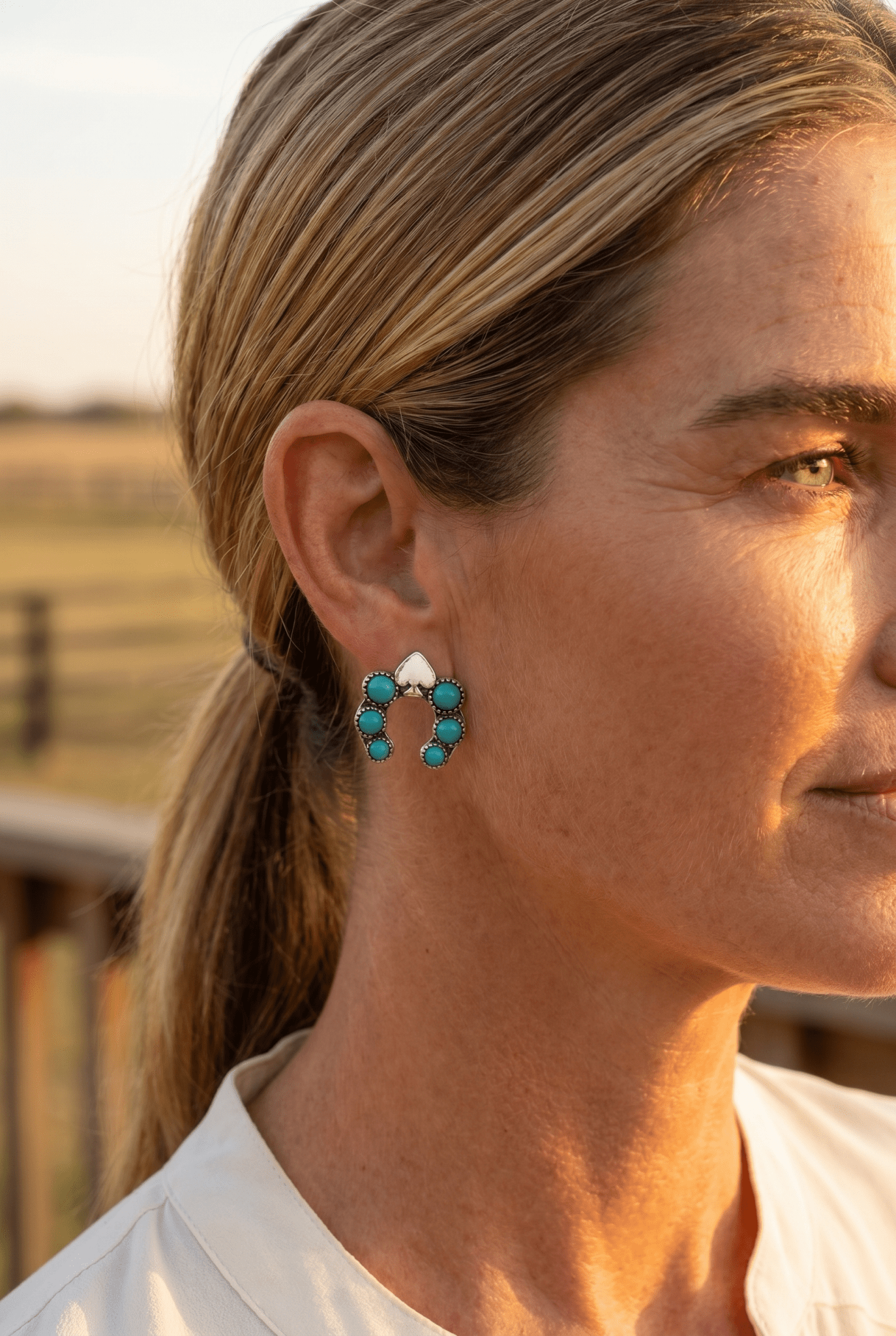 Western Spade & Faux Turquoise Squash Blossom Earrings — Petite 1" Drop