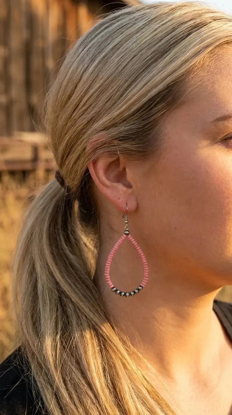 Western Teardrop Earrings with Pink Stones — 2½" Drop Southwestern Statement