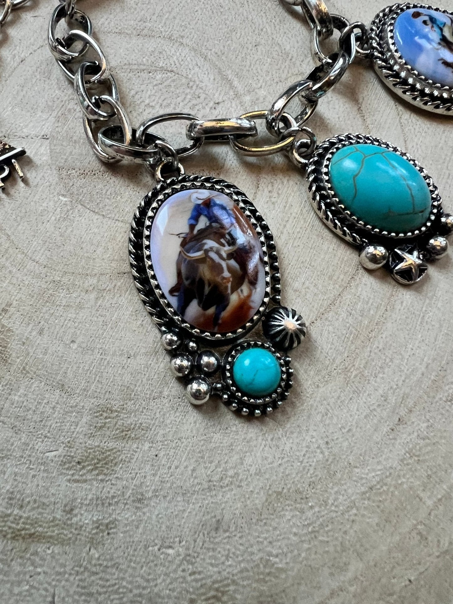 Western Rodeo Charm Bracelet — Bull Rider & Bronc Pendants with Faux Turquoise