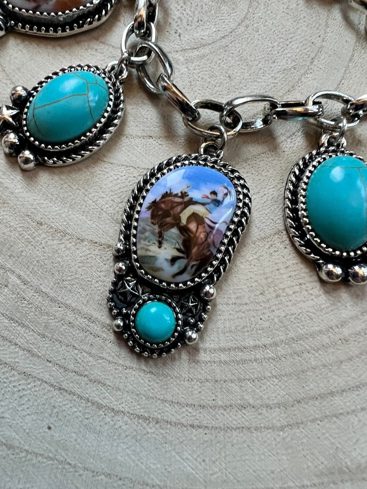 Western Rodeo Charm Bracelet — Bull Rider & Bronc Pendants with Faux Turquoise