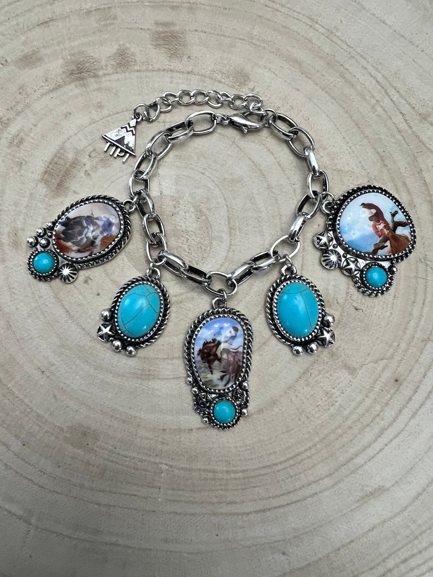 Western Rodeo Charm Bracelet — Bull Rider & Bronc Pendants with Faux Turquoise