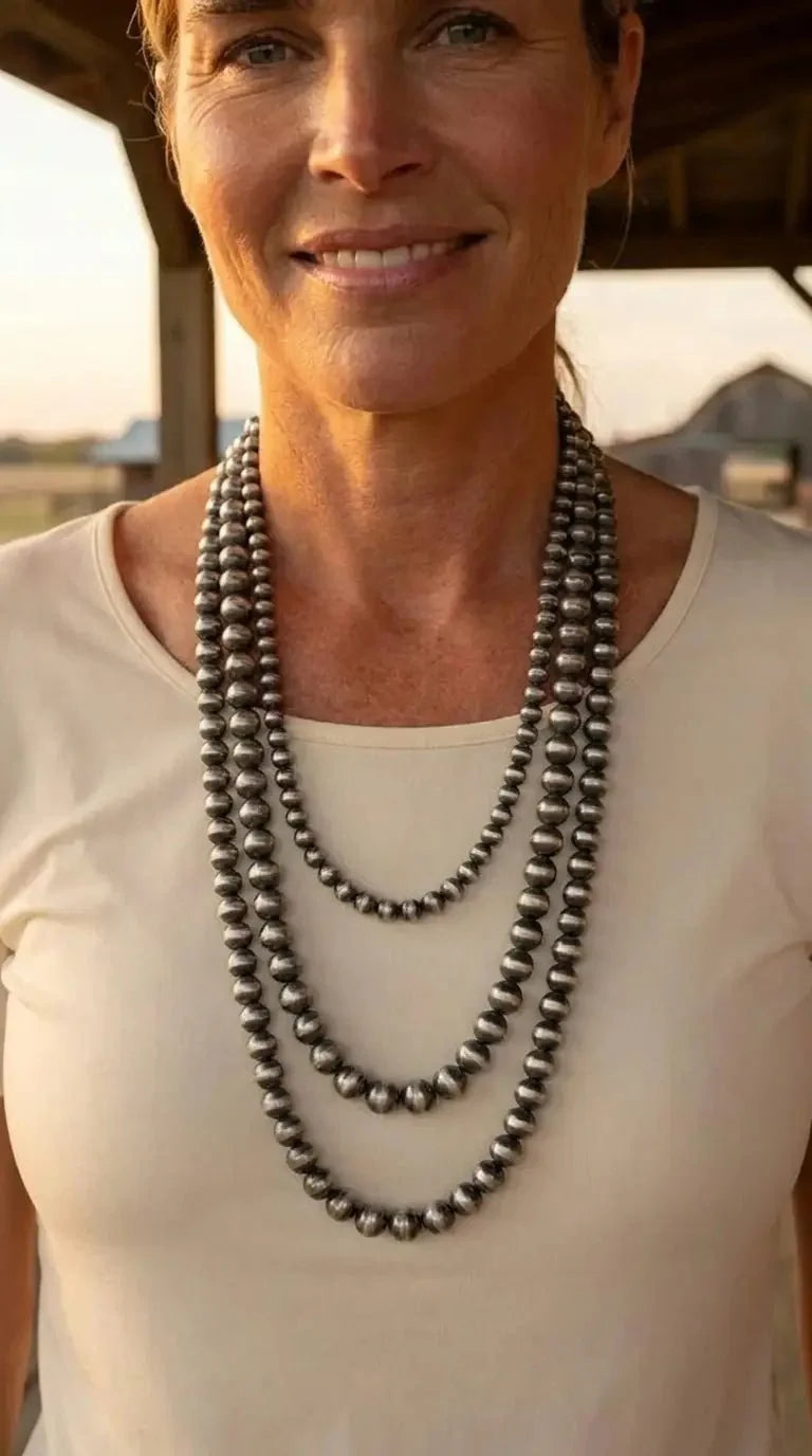 Western Triple-Strand Burnished Faux Sterling Pearl Necklace — Long Layered Set (24", 28", 35")