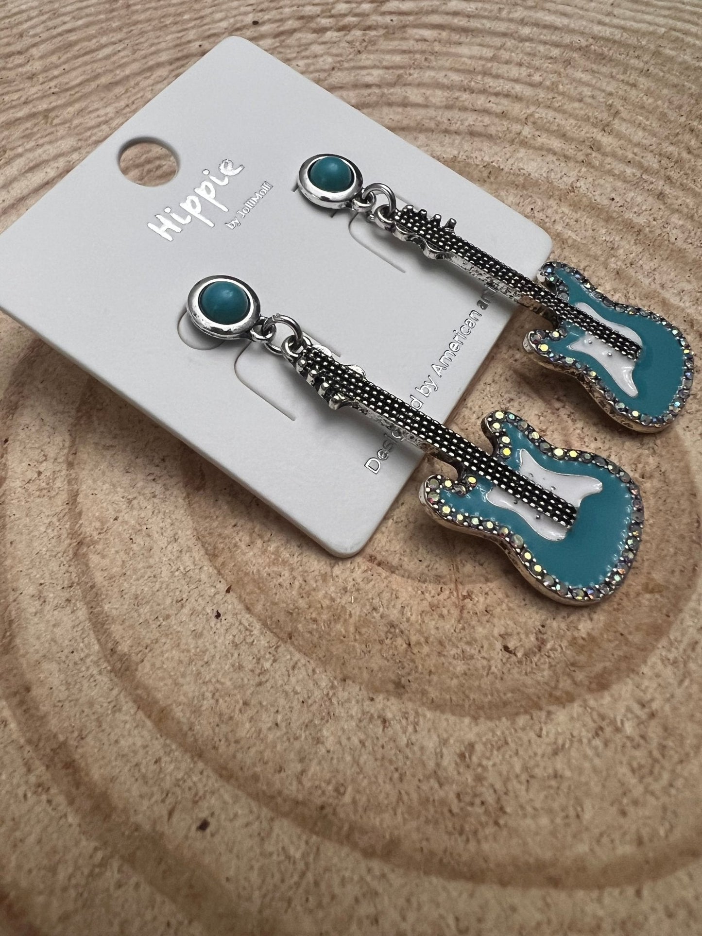 Western Turquoise Guitar Dangle Earrings — Country Music 2" Drop