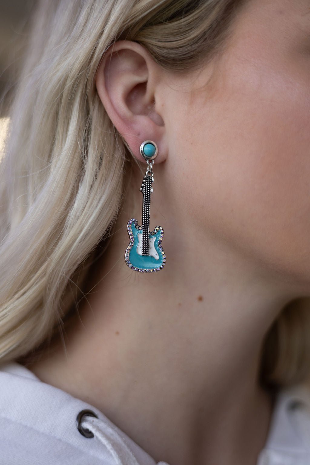Western Turquoise Guitar Dangle Earrings — Country Music 2" Drop