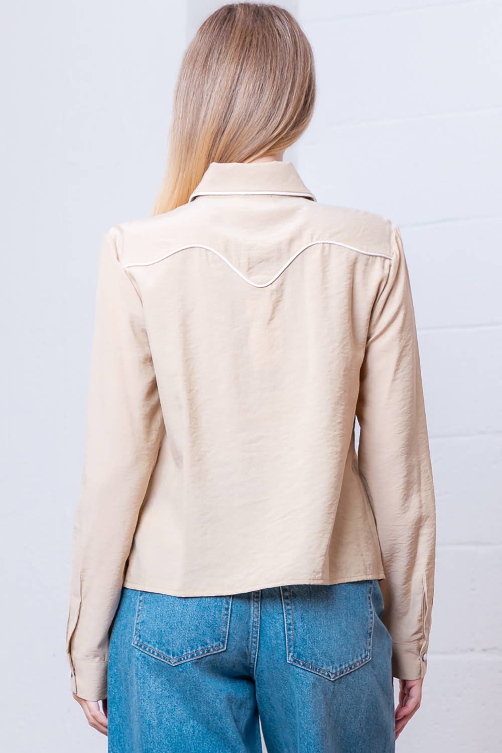 Taelynn "Western Vintage" Button-Down Blouse — Soft Taupe with Embroidered Vintage Accents & Arrow Detail