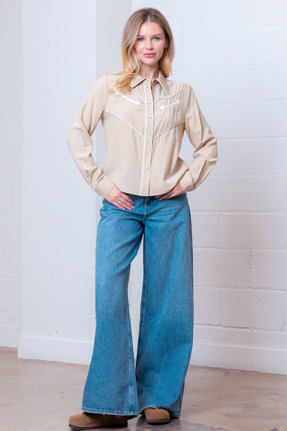 Taelynn "Western Vintage" Button-Down Blouse — Soft Taupe with Embroidered Vintage Accents & Arrow Detail