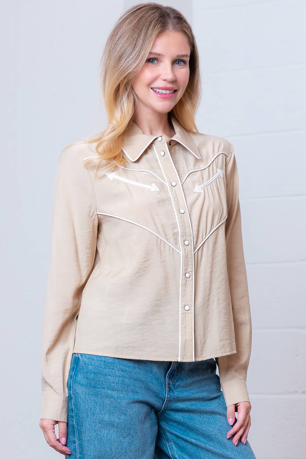 Taelynn "Western Vintage" Button-Down Blouse — Soft Taupe with Embroidered Vintage Accents & Arrow Detail