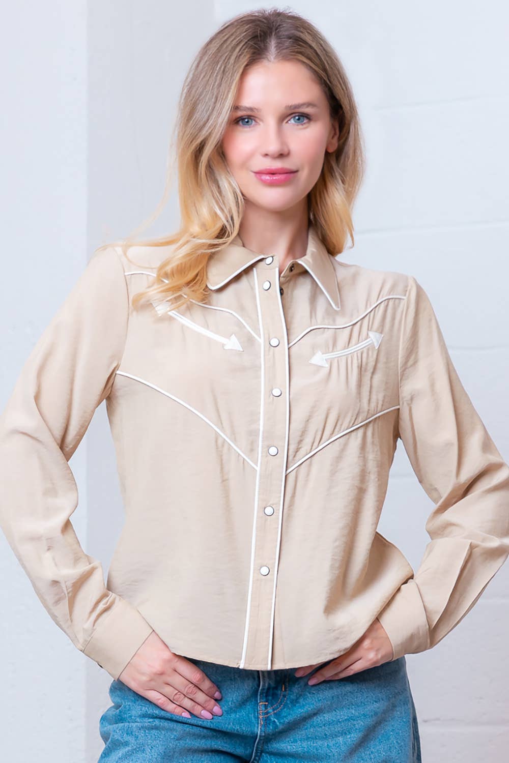 Taelynn "Western Vintage" Button-Down Blouse — Soft Taupe with Embroidered Vintage Accents & Arrow Detail