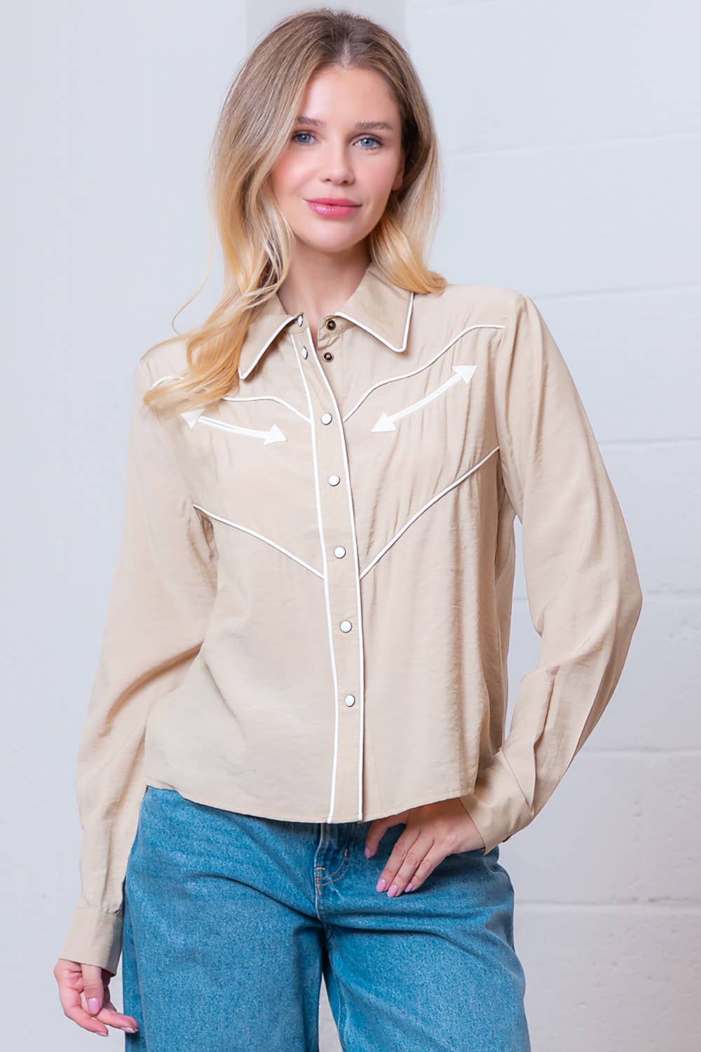 Taelynn "Western Vintage" Button-Down Blouse — Soft Taupe with Embroidered Vintage Accents & Arrow Detail