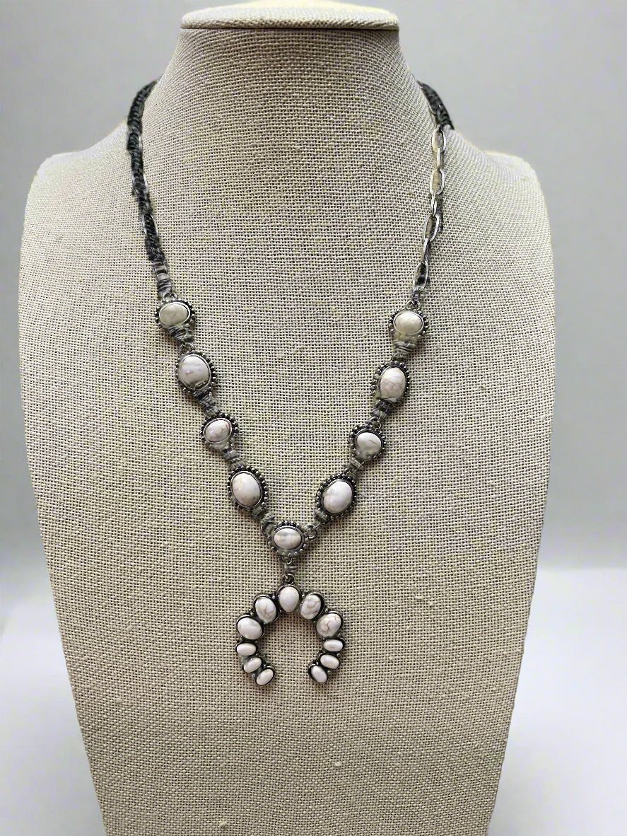 Western White Stone Faux Squash Blossom Necklace — 16 Inch Southwestern Statement