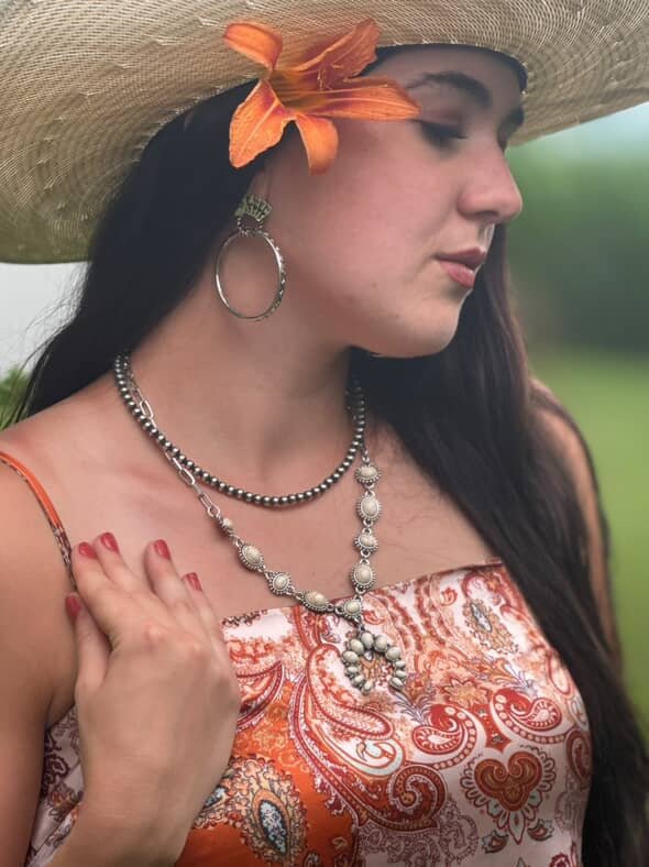 Western White Stone Faux Squash Blossom Necklace — 16 Inch Southwestern Statement