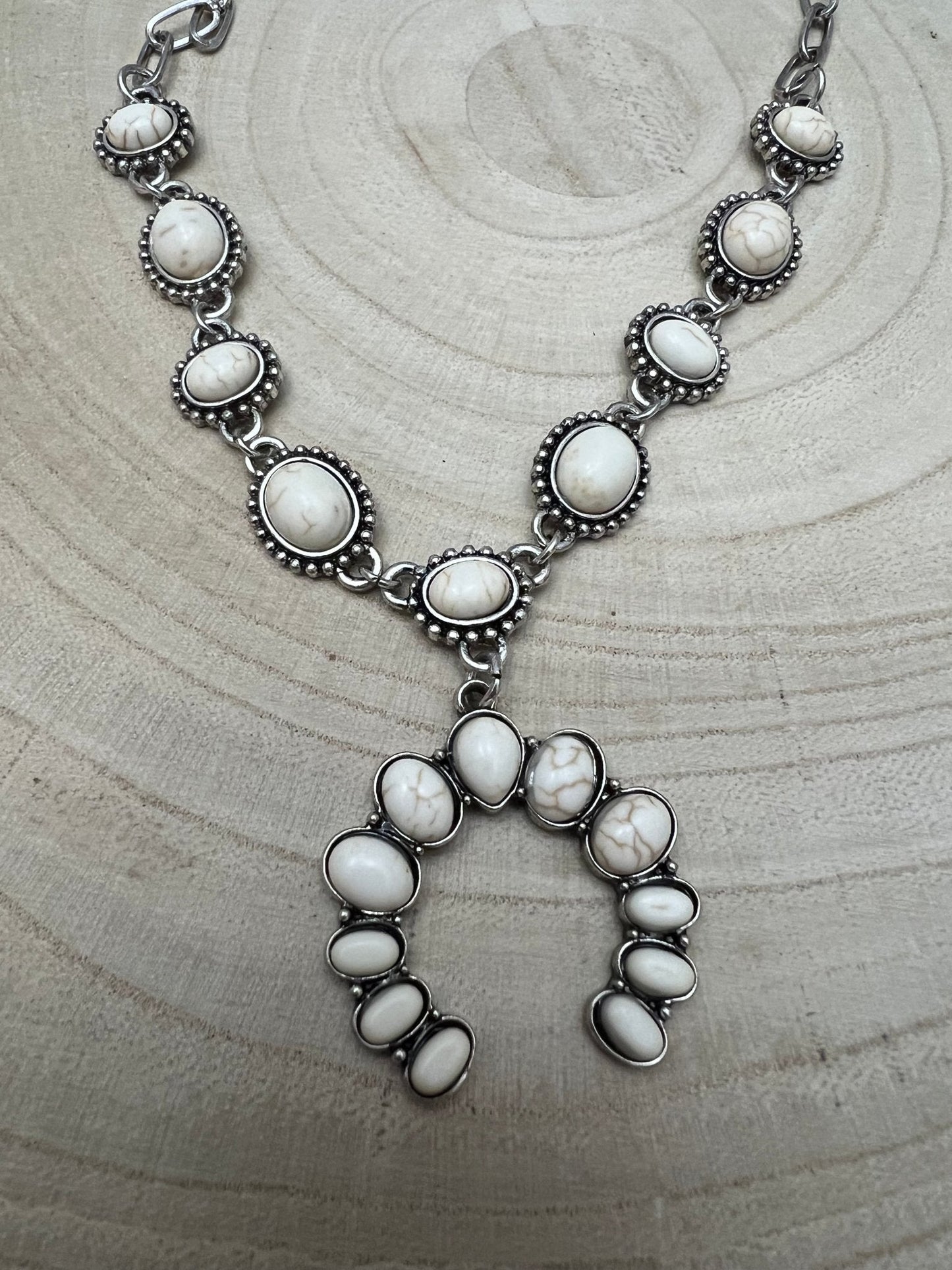 Western White Stone Faux Squash Blossom Necklace — 16 Inch Southwestern Statement