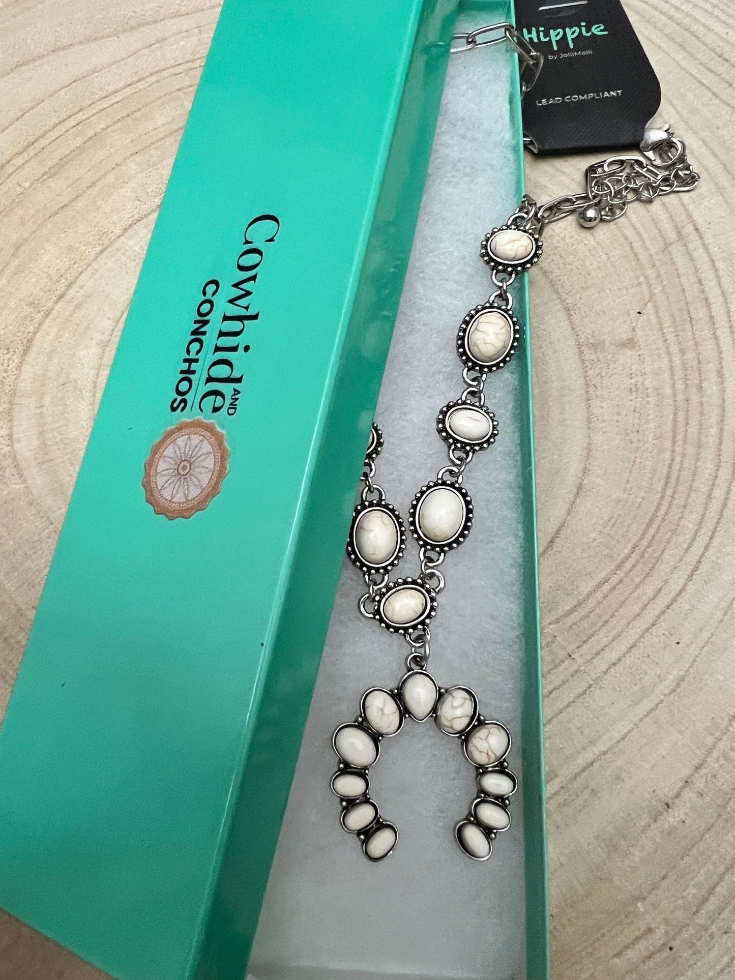 Western White Stone Faux Squash Blossom Necklace — 16 Inch Southwestern Statement