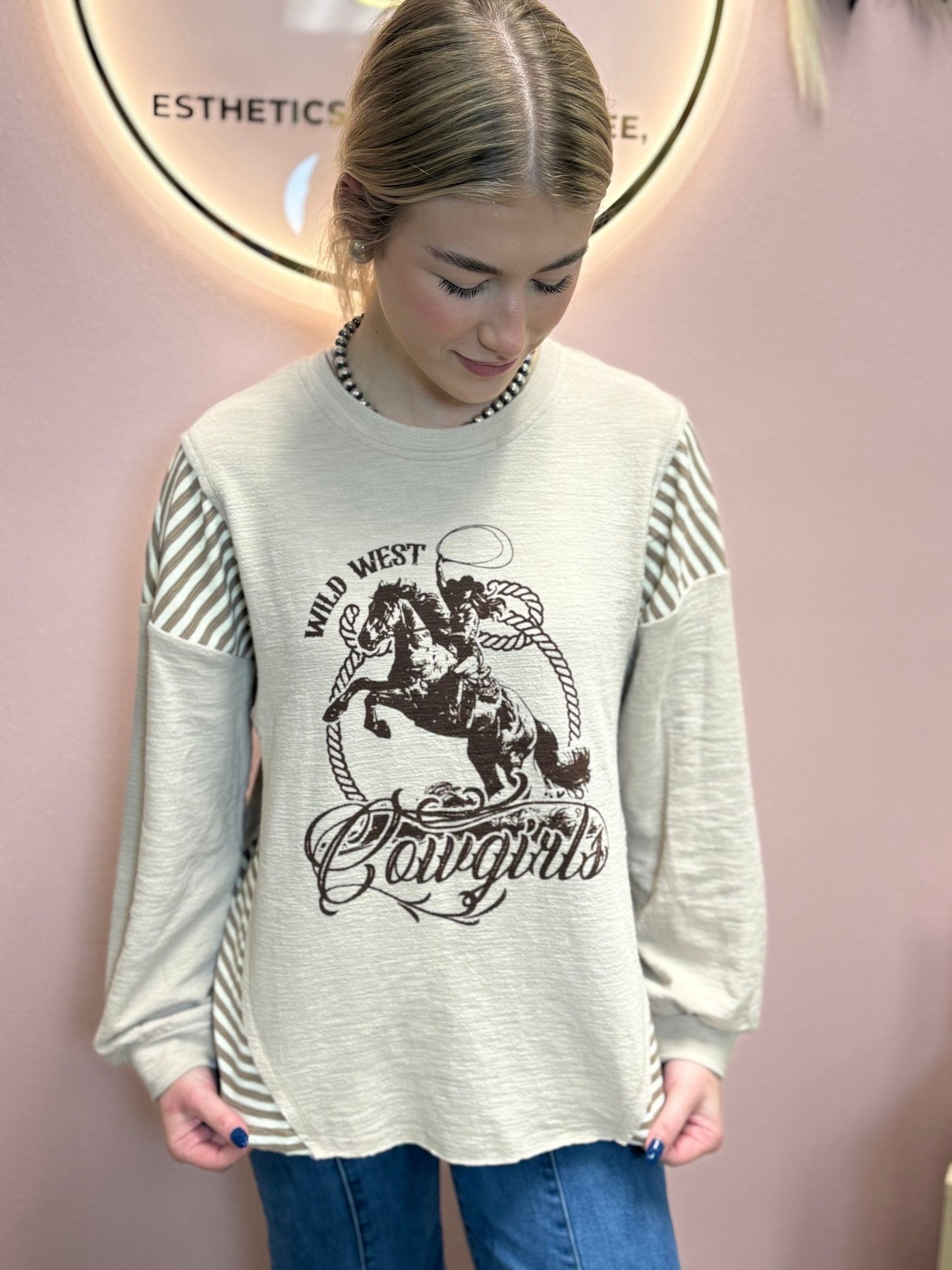 VERY J "Wild West Cowgirls" Western Graphic Knit Top — Oversized Mixed Media (Taupe or Olive)