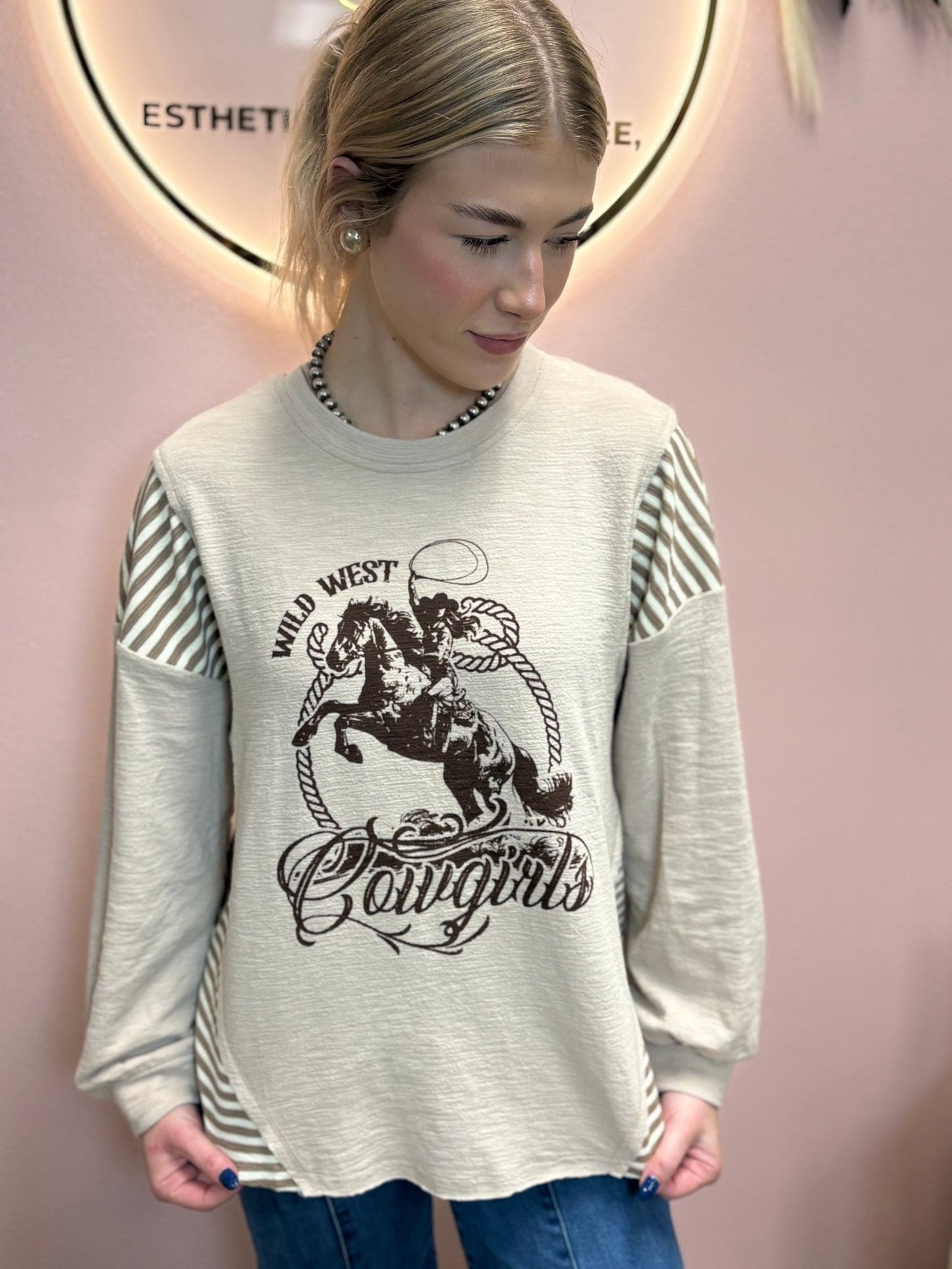 VERY J "Wild West Cowgirls" Western Graphic Knit Top — Oversized Mixed Media (Taupe or Olive)