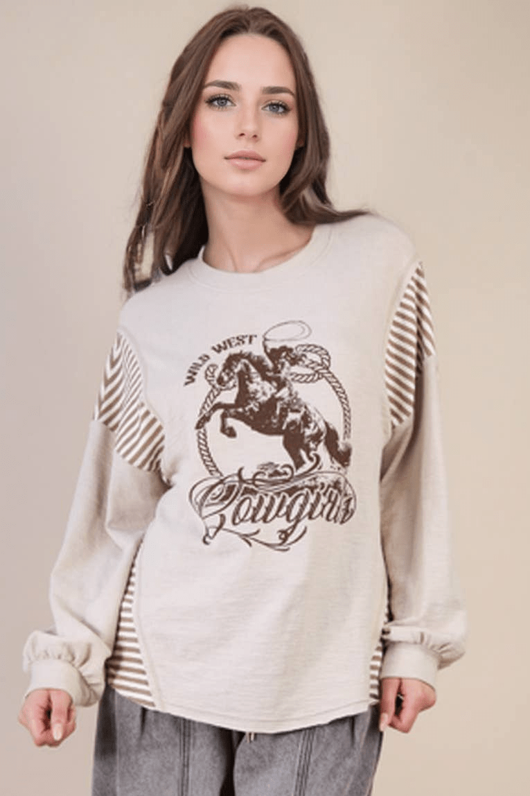 VERY J "Wild West Cowgirls" Western Graphic Knit Top — Oversized Mixed Media (Taupe or Olive)