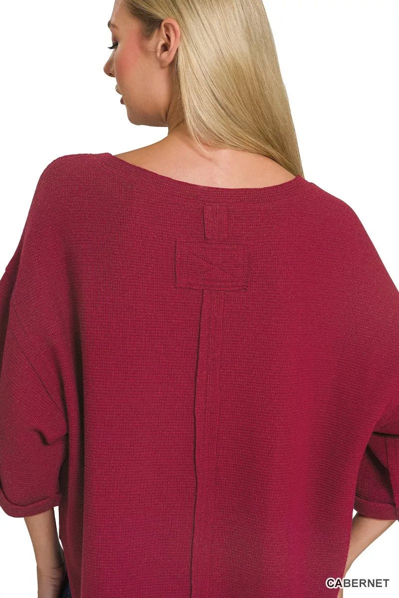 Cabernet Red Double Knit Exposed Seam Curved Hem Top By Zenana
