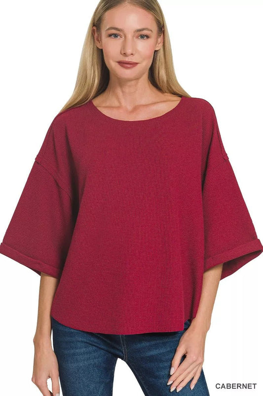 Cabernet Red Double Knit Exposed Seam Curved Hem Top By Zenana