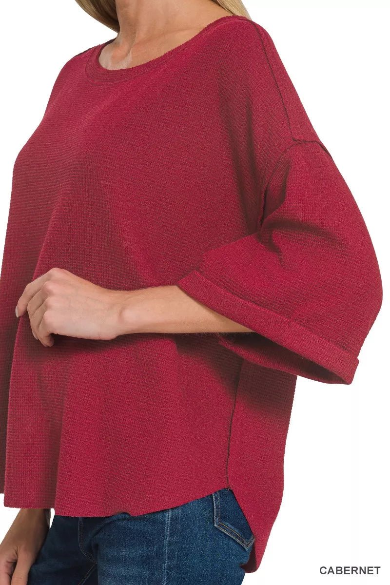Cabernet Red Double Knit Exposed Seam Curved Hem Top By Zenana