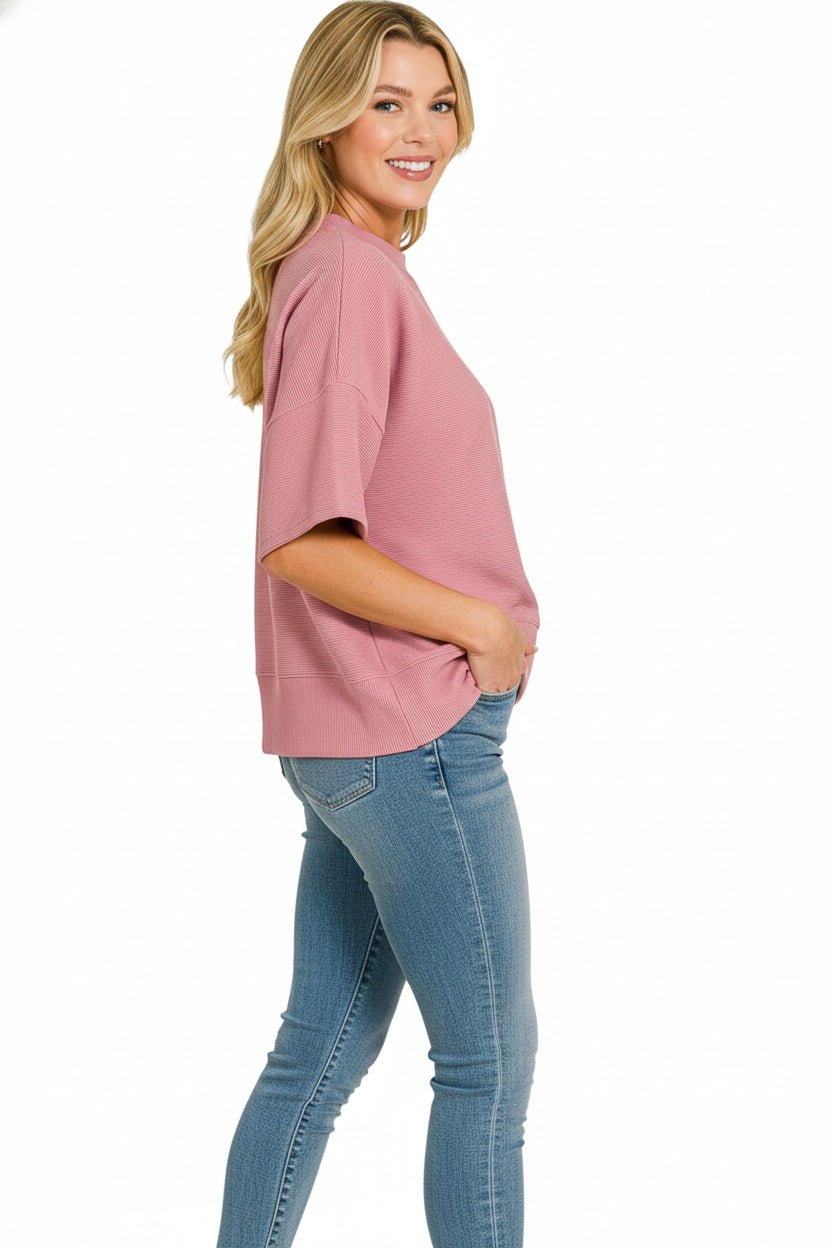 Light Rose Ribbed Round Neck Waist Banded T-Shirt By Zenana