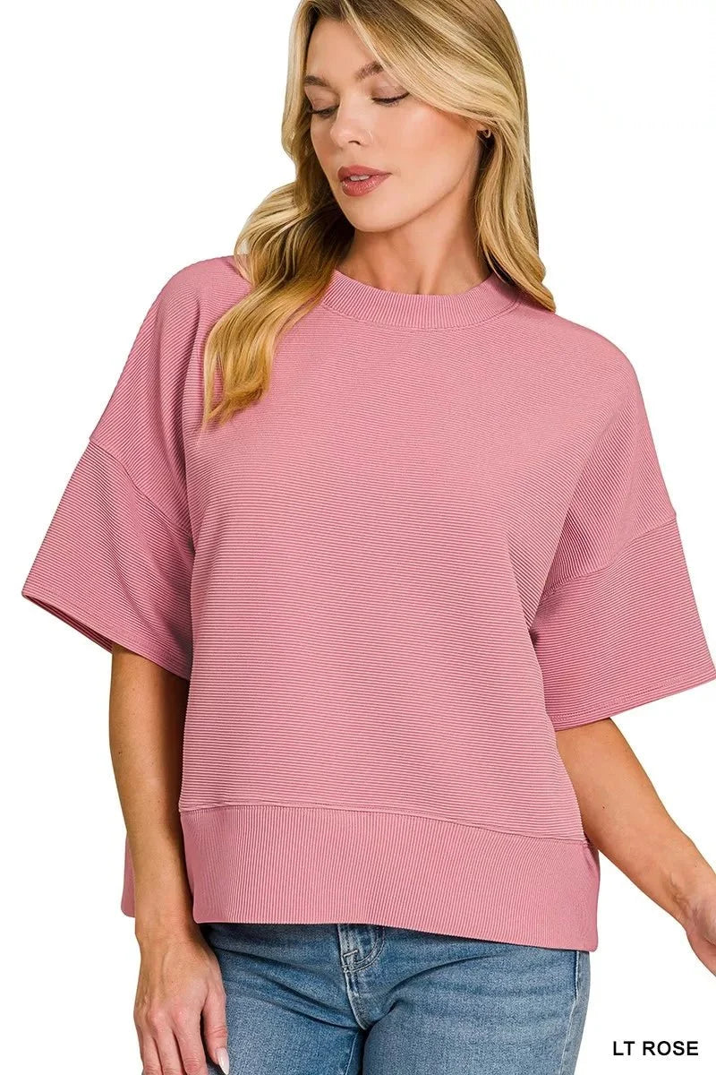 Light Rose Ribbed Round Neck Waist Banded T-Shirt By Zenana