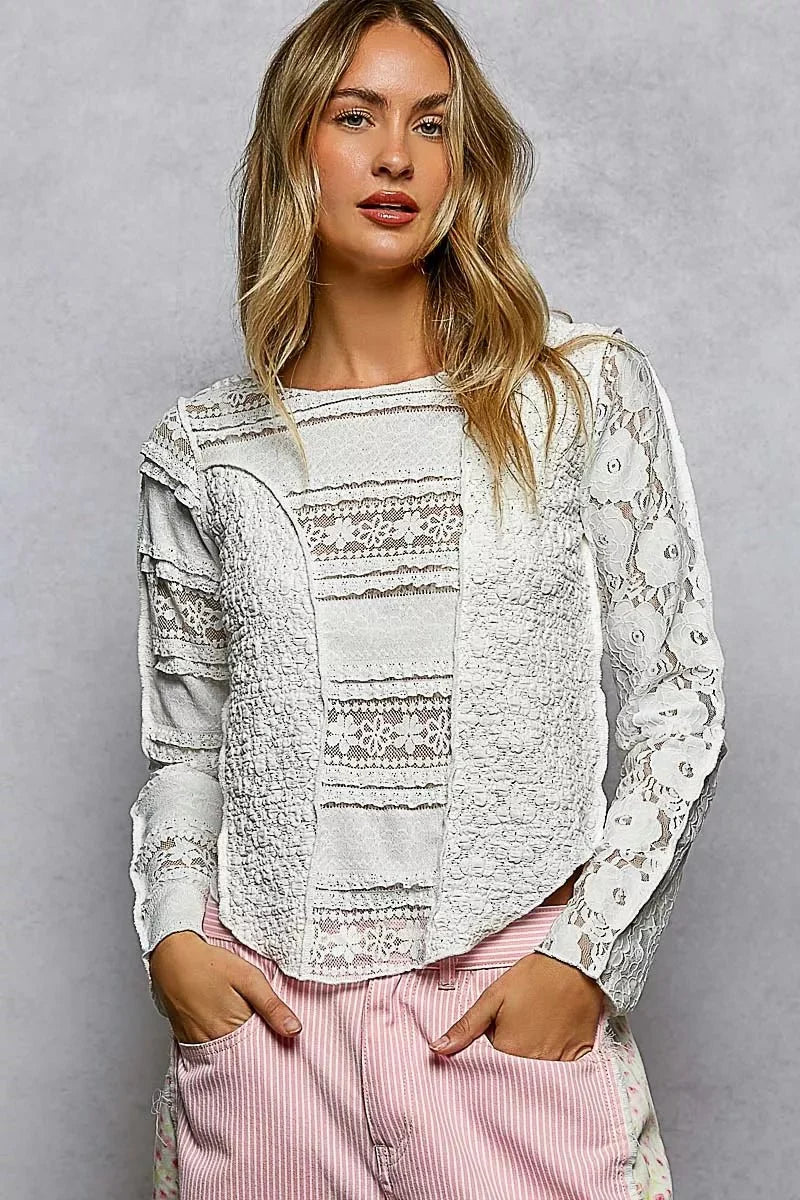 Off White Round Neck Long Sleeve Exposed Seam Top with Lace Detail by POL