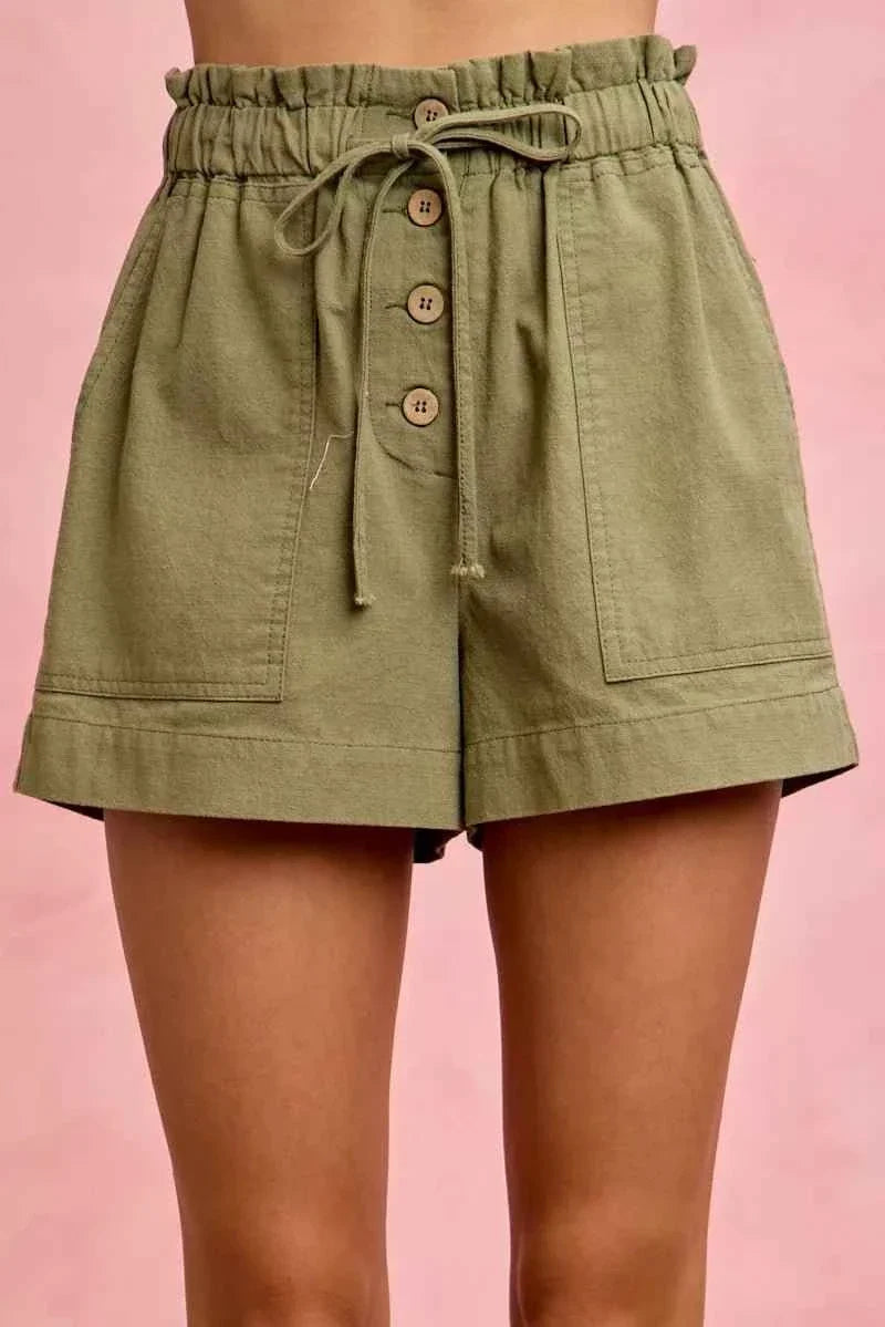 Olive Paper Bag Patch Pocket Drawstring Twill Shorts by So Me